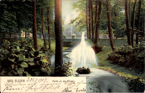 Postcard Bad Elster in the Vogtland, part of the Elster river, bridge, forest, waterfall, idyllic landscape