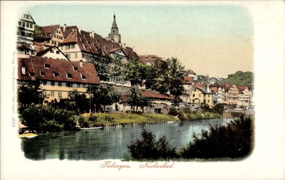Ak Tübingen am Neckar, Farbige Ansicht von  Häuser am Fluss, Kirche im Hintergrund