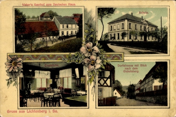 Ak Lichtenberg im Erzgebirge, Gasthof zum Deutschen Haus, Gaststube, Schule, Dorfstraße