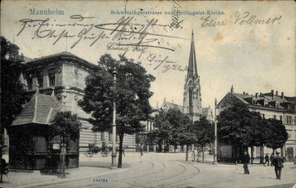 Postcard Mannheim in Baden, Schwetzingerstraße, Holy Spirit Church, view,