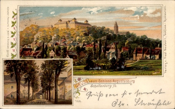 Kunstenaar litho Dutzauer, M., Augustusburg in het Ertsgebergte, kasteel Augustusburg
