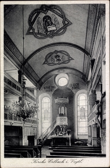 Postcard Erlbach im Vogtland, church, interior view