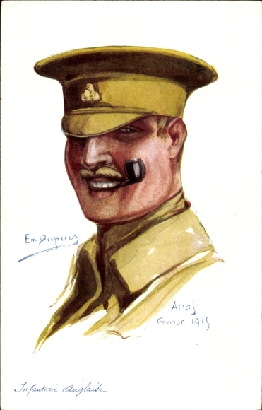 Kunstenaar Ak Dupuis, E., Arras 1915, Franse geallieerden, Britse infanteriesoldaat, portret