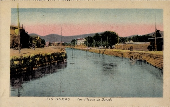 Postcard Damas Damascus Syria, river view, Barada, city view, architecture