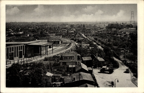 Ansichtkaart Hamburg Bergedorf Moorfleet, panorama, vrachtwagen, brug, spoorlijnen