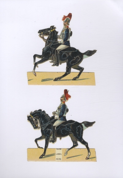 2 wafer soldiers in guard uniform on horseback, each approx. 12 x 12 cm