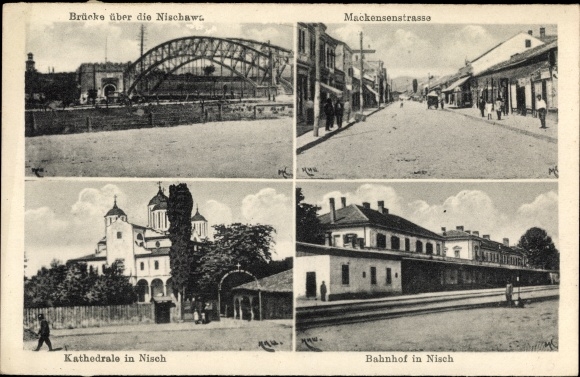 Ak Niš Nisch Servië, treinstation, brug, kathedraal, Mackensenstrasse