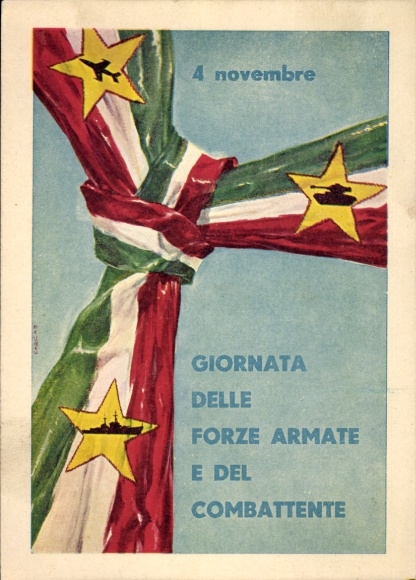 Künstler Ak Italien, Tag der Streitkräfte u. der Kämpfer, Flugzeug, Kriegsschiff, Panzer, 4. Nov.