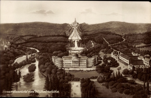 Postcard Bad Wilhelmshöhe Kassel in Hesse, general view of landscape, park, fountain