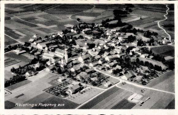 Postcard Raisting Upper Bavaria, aerial view of landscape, church, residential buildings