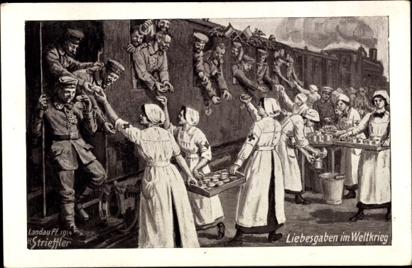 Artist Postcard Strieffler, gifts of love in the World War, soldiers going to war, train station, Red Cross