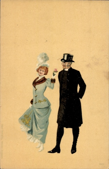 Postcard lady with dress and hat, rose blossom, gentleman with black frock coat and top hat