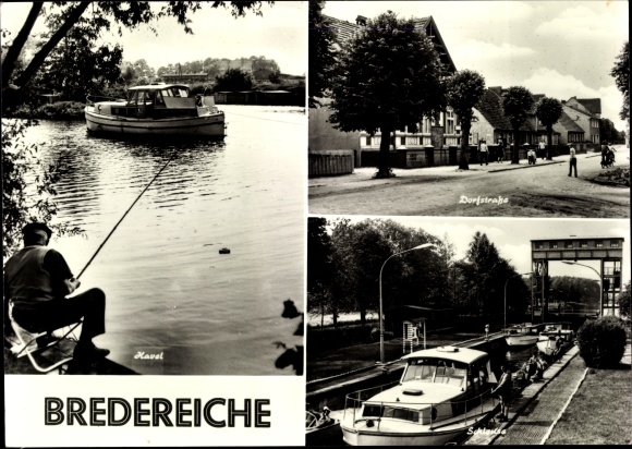Postcard Bredereich Fürstenberg on the Havel, anglers on the Havel, Dorfstraße, lock