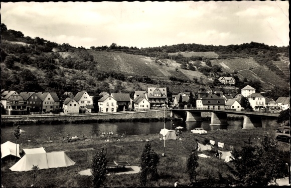 Postcard Obernhof an der Lahn, view over the town, tents, table tennis table