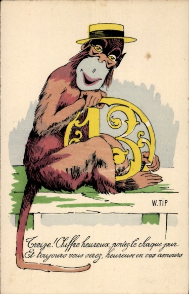 Artist Postcard Tip, W., Monkey with Hat, Number 13