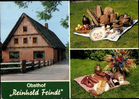 Postcard Jork in the Altes Land, Reinhold Feindt fruit farm, exterior view, picnic