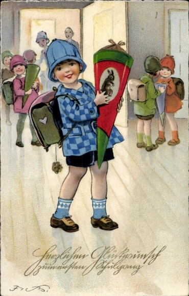 Artist Postcard Baumgarten, Fritz, Congratulations on starting school, girl with candy cone, school bag