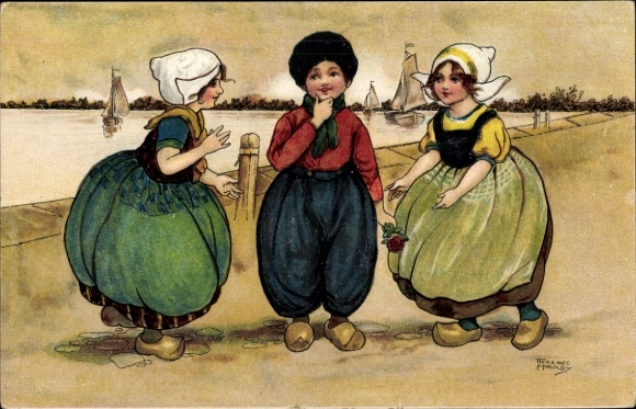 Kunstenaarskaart Hardy, Florence, drie kinderen in traditionele klederdracht