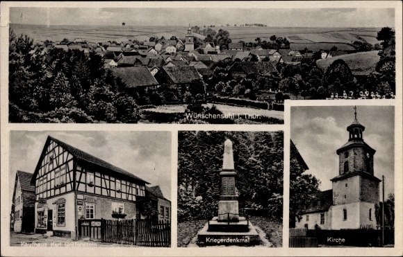 Postcard Wunschsuhl Werra-Suhl-Tal Thuringia, war memorial, church, department store, total view