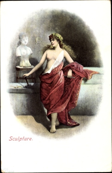 Postcard Sculpture, female nude, nude model, bust, sculpture studio