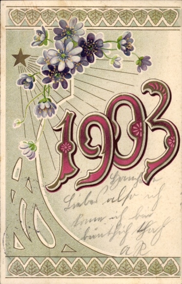 Ak Altfriedstein Niederlößnitz Radebeul, Neujahrskarte mit floralem Jugendstil-Motiv und der J...