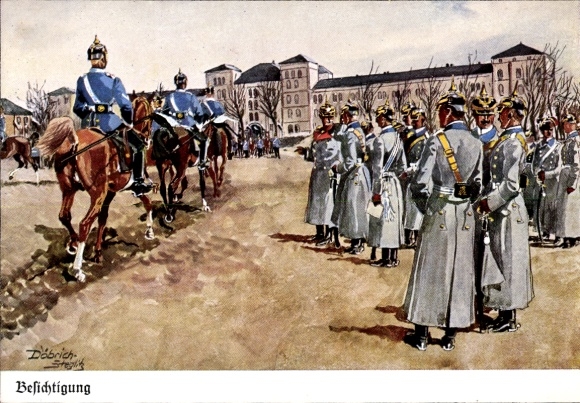 Artist Postcard Döbrich-Steglitz, inspection, soldiers on a barracks square, rider