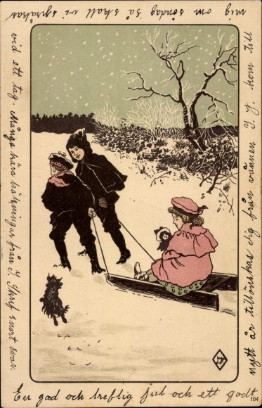 Artist PC Nyström, Jenny, boys pull girls on a sled, winter landscape