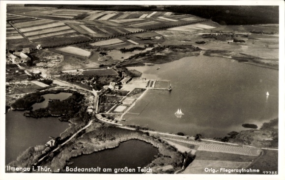 Postcard Ilmenau in Thuringia, aerial photograph, swimming pool at the large pond