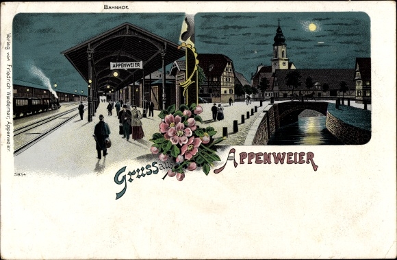 Moonlight Chromo-Litho Appenweier in Baden Black Forest, train station, track side, town view