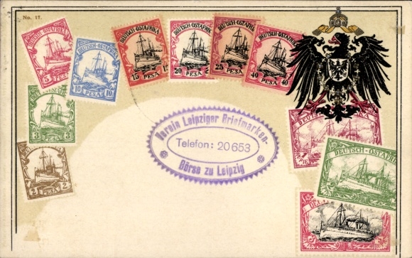 Embossed Coat of Arms Stamps Postcard German East Africa, Black Eagle