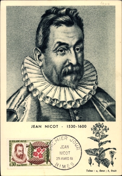 Maximum Postcard Jean Nicot, 1530-1600, he imports tobacco in France