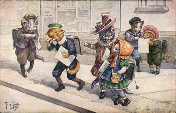 Artist Postcard Thiele, Arthur, cat school, the bad certificate