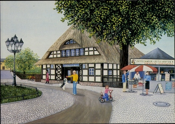 Künstler Ak Pabst, Lilo, Berlin Zehlendorf Dahlem, U-Bahnhof Dahlem Dorf, Kiosk
