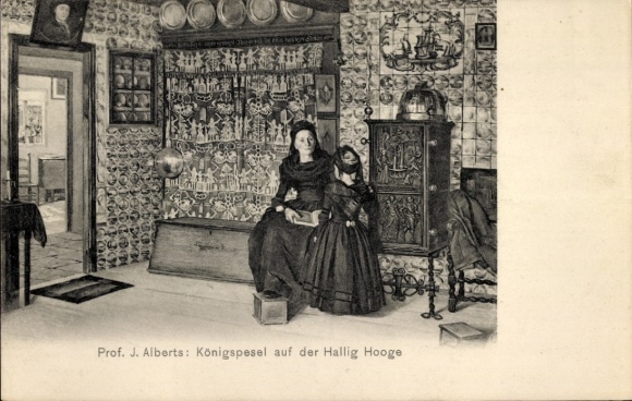 Artist Postcard Alberts, J., Hallig Hooge in North Friesland, Königspesel, traditional costumes