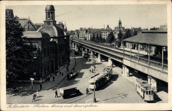 Ak Rotterdam Zuid-Holland Nederland, Station Beurs met Beursplein, trams