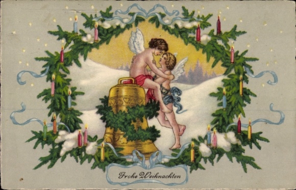 litho Vrolijk Kerstfeest, Twee Engelen, Bel
