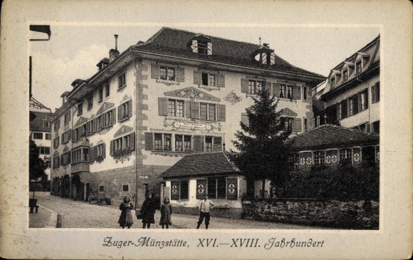 Miasto KP Zug w Szwajcarii, mennica w Zug, budynki z XVI-XVIII wieku. Stulecie, cztery osoby