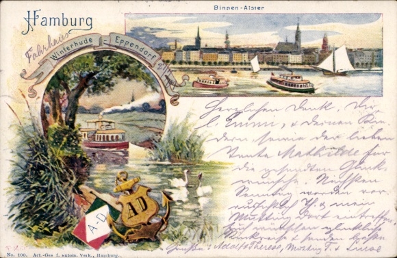 Postwaardekaart ansichtkaart Hamburg Nord Winterhude, de Binnen Alster, anker, salonstoomboot