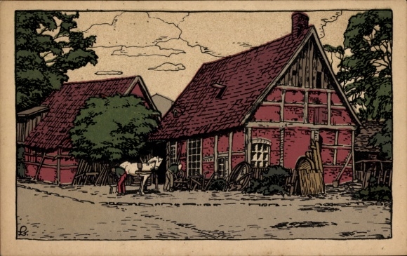 Ak Bad Fallingbostel Lüneburger Heide, Alte Schmiede, rot gestrichenes Fachwerkhaus, Pferd, lä...