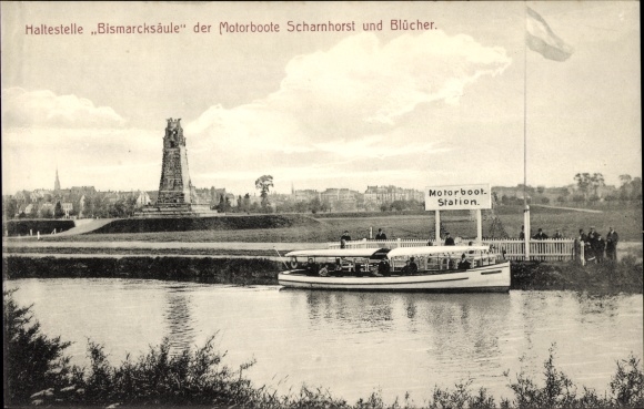Postcard Hanover, stop Bismarcksäule, motor boats Scharnhorst and Blücher