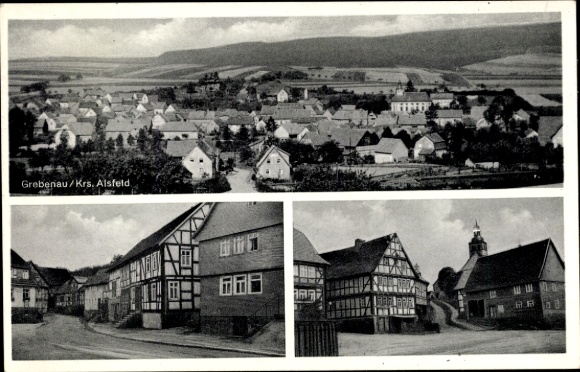 Postcard Grebenau in Hessen, general view, street section, half-timbered house
