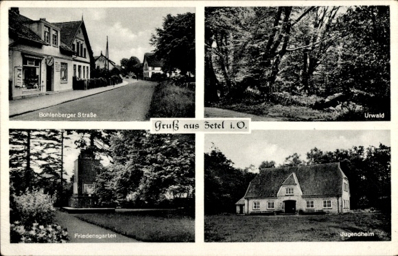 Postcard Zetel in Oldenburg Friesland, Bohlenberger Straße, primeval forest, peace garden, youth center