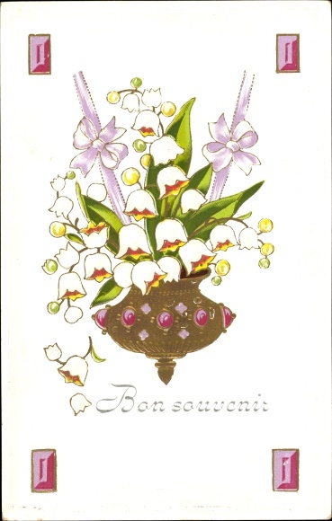 Embossed Postcard Lily of the Valley, hanging basket