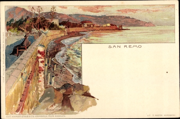Artist Chromo-Litho Wielandt, Manuel, San Remo Liguria, Coastal promenade at dusk