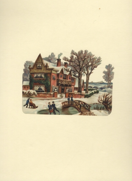 Oblate residential house in winter landscape, people with sledge and ice skates, approx. 10 x 14 cm