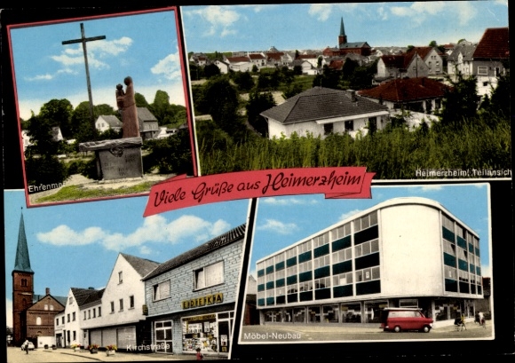 Ak Heimerzheim Swisttal in Nordrhein Westfalen, Ehrenmal, Teilansicht, Kirchstraße, Möbel-Neubau