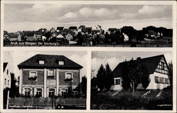 Postcard Bürgeln Cölbe Hessen, youth center, department store Hembrich, view of the town