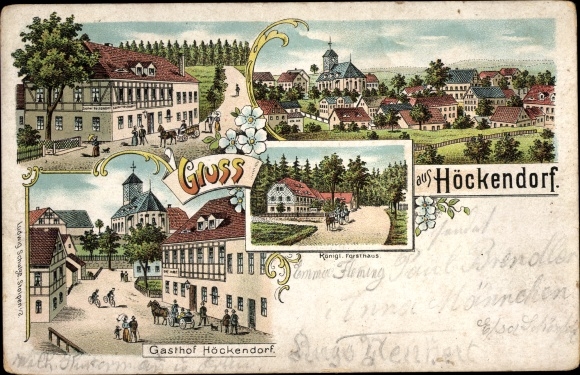Chromo-Litho Höckendorf Klingenberg in the Eastern Ore Mountains, Gasthof Höckendorf, Kgl. Forest house, church