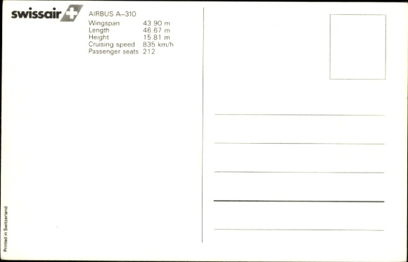 Postcard Swiss passenger aircraft, Swissair, Airbus A310 Europe