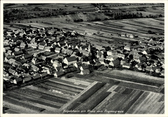 Postcard Hügelsheim am Rhein, aerial photograph